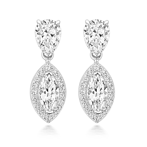 925 Sterling Silver Halo Style Marquise and Pear Drop Earrings - 8x4x7x5 mm - Image 1