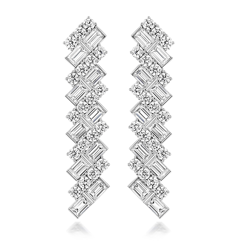 925 Sterling Silver Linear Baguette and Round Cz Drop Earrings - Image 1
