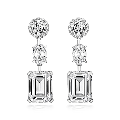 925 Sterling Silver Halo Style Round Cz With Claw Set Emerald and Oval Cz Drop Earrings - Image 1