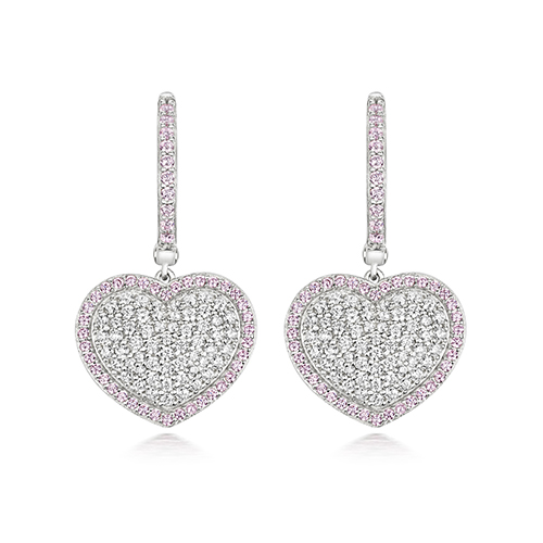 925 Sterling Silver Pave Set Heart Pink and White Cz Drop Earrings - Image 1