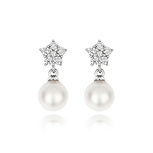 925 Sterling Silver Pearl & 6 Cz Stone Cluster Drop Earrings - Image 1