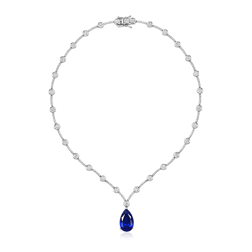 925 Sterling Silver Round Rubover with Blue Cz Pear Chain - 18x11 mm - Image 1