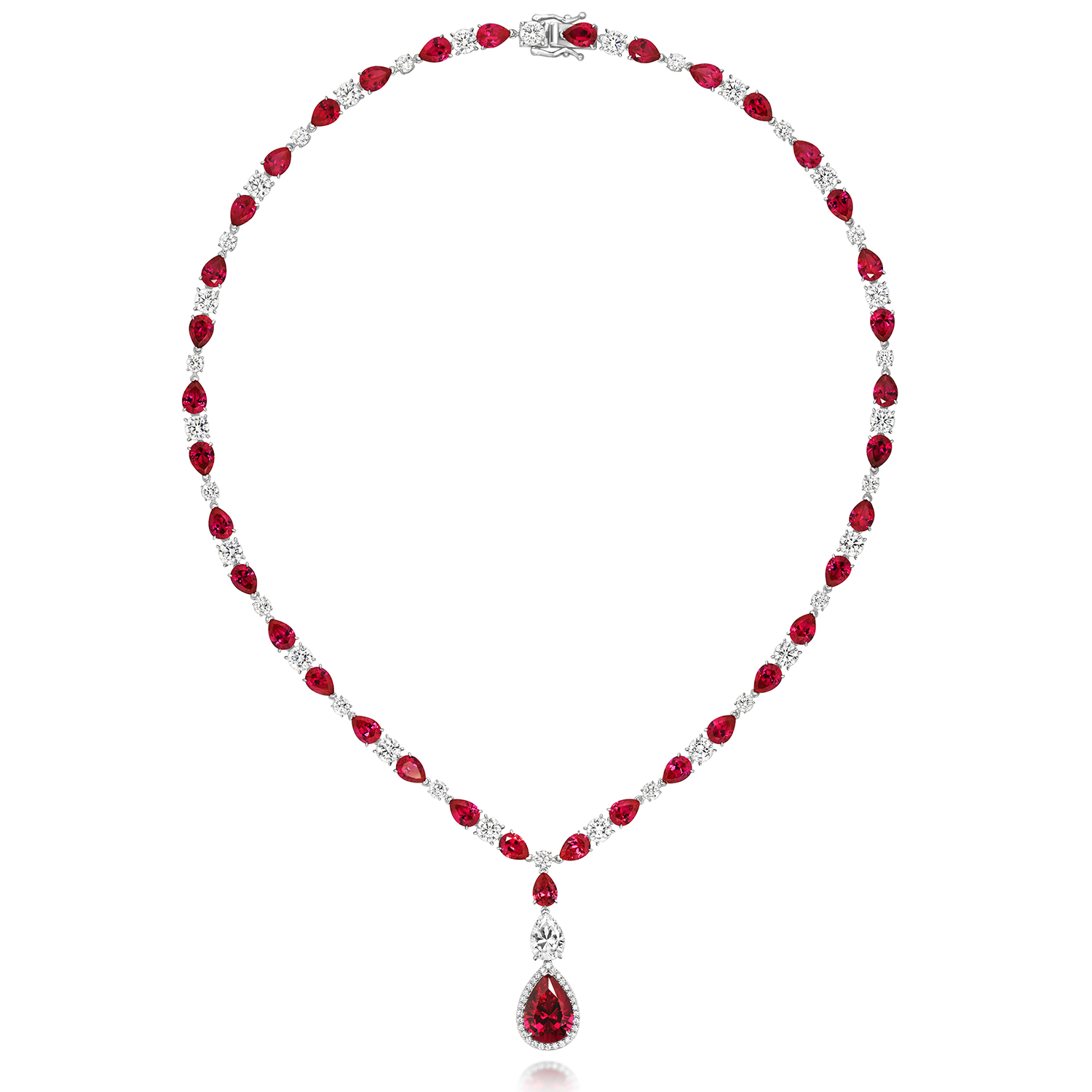 925 Sterling Silver Claw Set Red Pear and White Round Cut with Halo Set Pear Drop Chain - Image 1