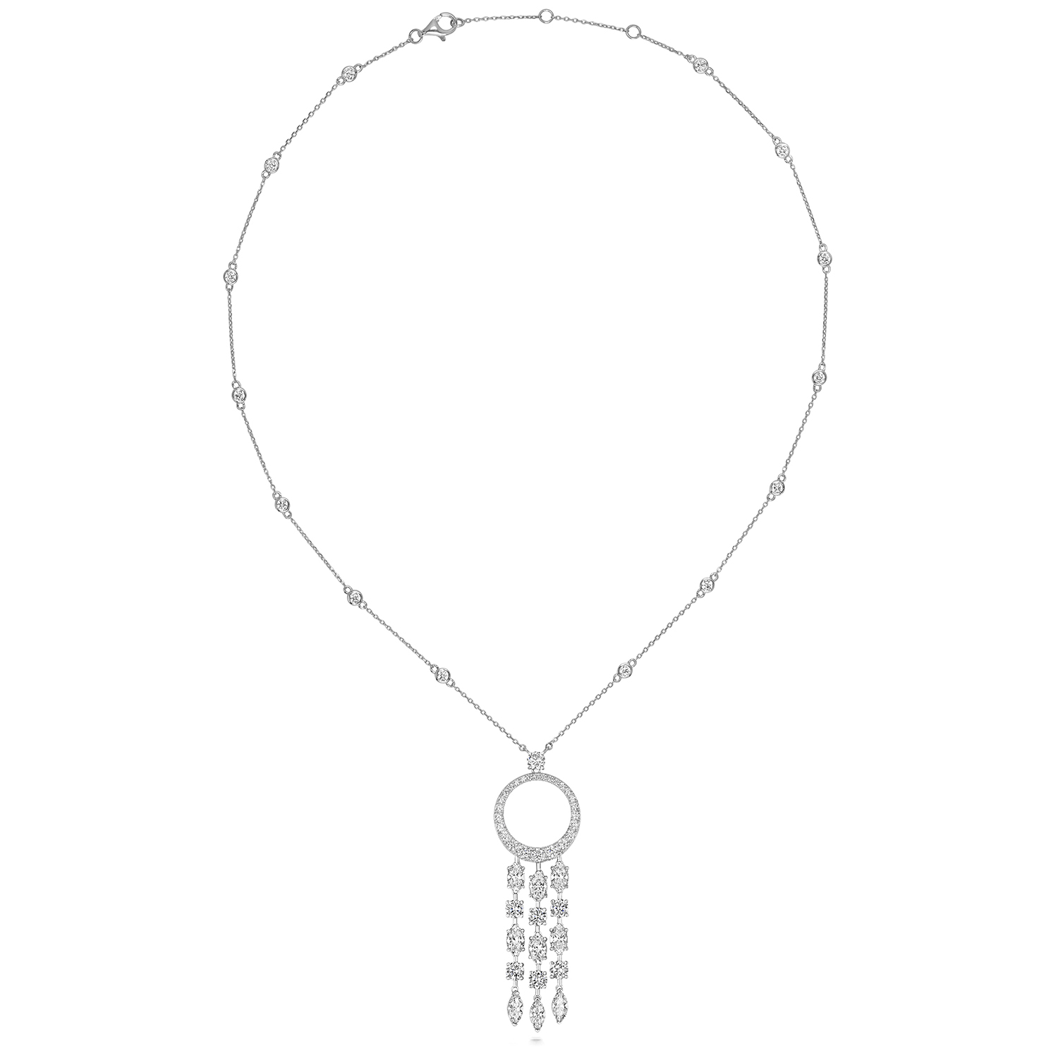 925 Sterling Silver Circle Cz Oval & Marquise Drop with Stone Set Chain - Image 1
