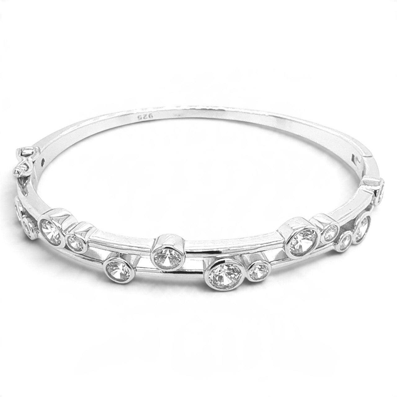 925 Sterling Silver Double Row Rubover Cz Bangle - 9 mm - Image 1