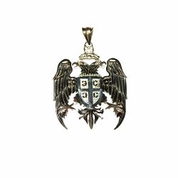18k Withe & Yellow Gold Serbian Eagle where the base is in Yellow Gold and the shield in the middle in White Gold . The shield has 4 custom made initials on top of the pattern.