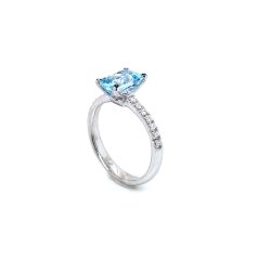 18k White Gold Aquamarine Emerald Cut Engagement Ring with Diamond Shank.