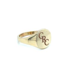 9k Yellow Gold Signet Ring Engraved with 3 Letters in Block Font.