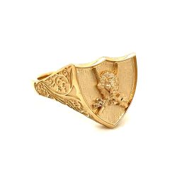 A bespoke 9k Yellow Gold Lion Shield Ring with 2 Samuraj Swords designed from scratch after customers wishes.