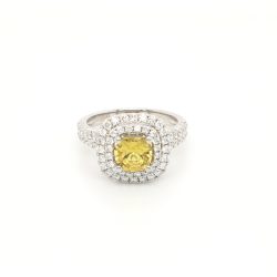18k Double Halo Yellow sapphire stone 1.5 ct in size set with 0.80 ct of VS diamonds.