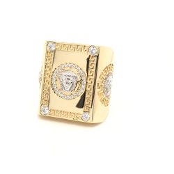 14k Massive Medusa Head ring, custom made to weigh 60 grams with the intricate hand engravings and the 4 VVS diamonds in the corners.